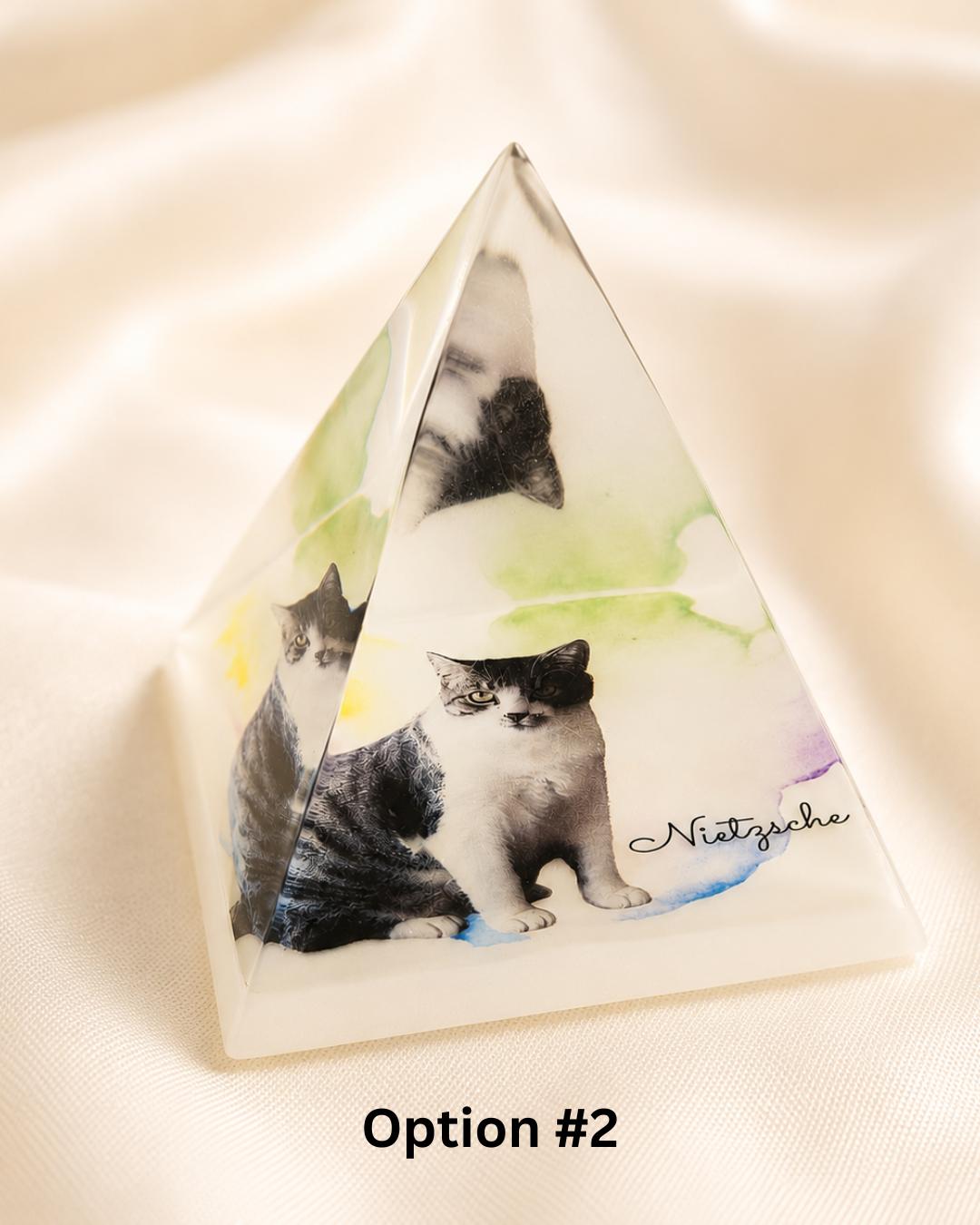 Option 1 - sage green resin pet memorial pyramid with real fur ball, gold angel wings and gold leaf, engraved name Belinha
