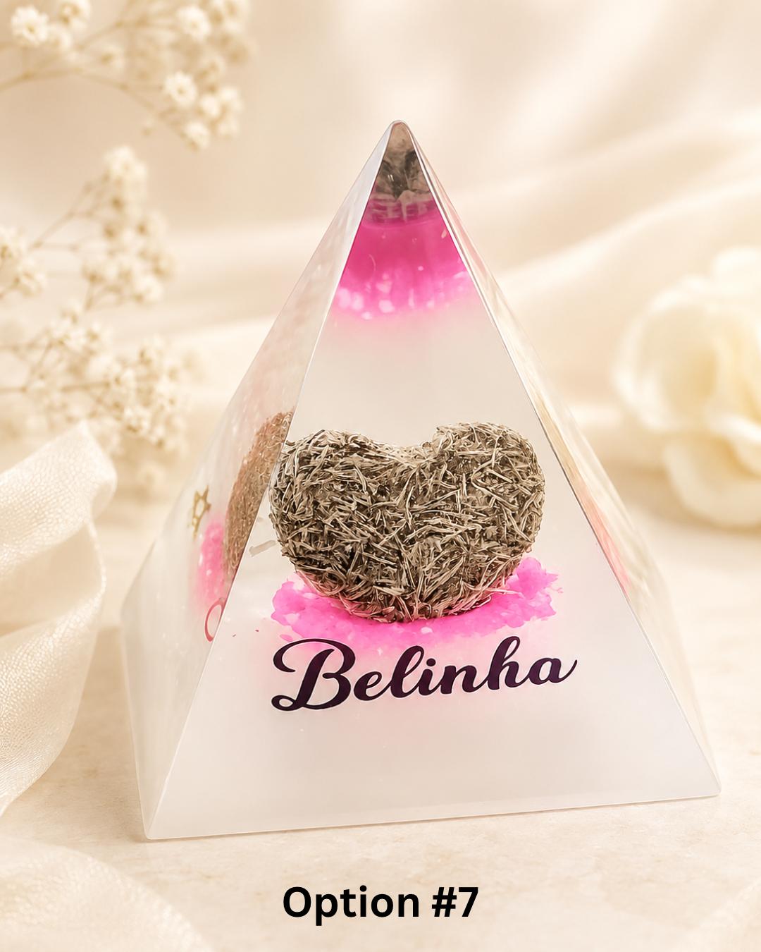 Option 7 - white and pink resin pet memorial pyramid with real fur heart, engraved name Belinha
