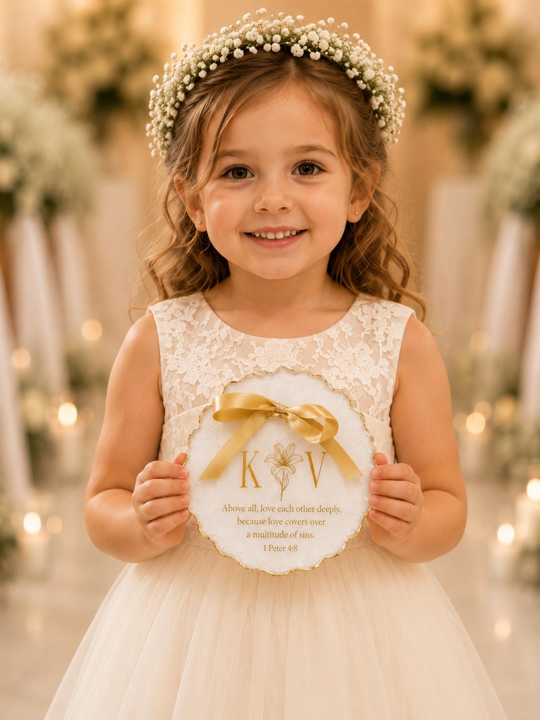 Flower girl holding personalised gold monogram resin wedding keepsake plaque with Bible verse and ribbon bow