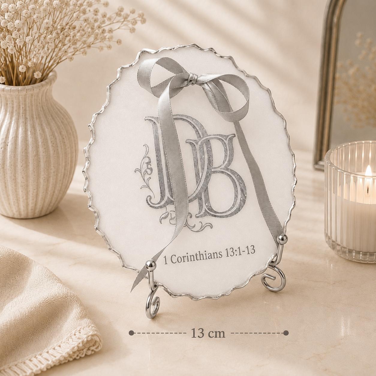 Personalised silver monogram resin wedding keepsake plaque with Bible verse on display stand, 13cm