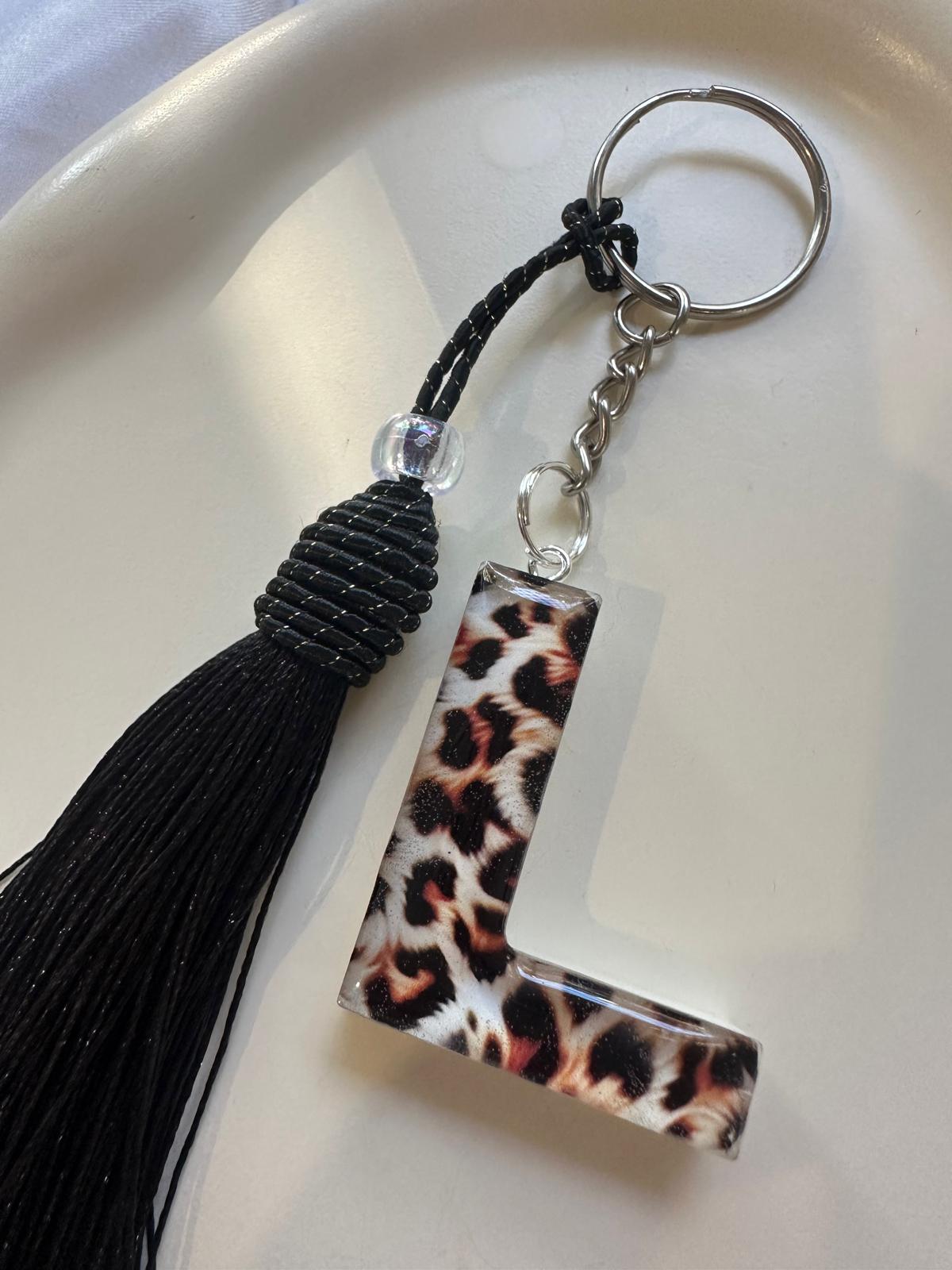 Leopard Print Initial Keychain with Tassel - Option 2