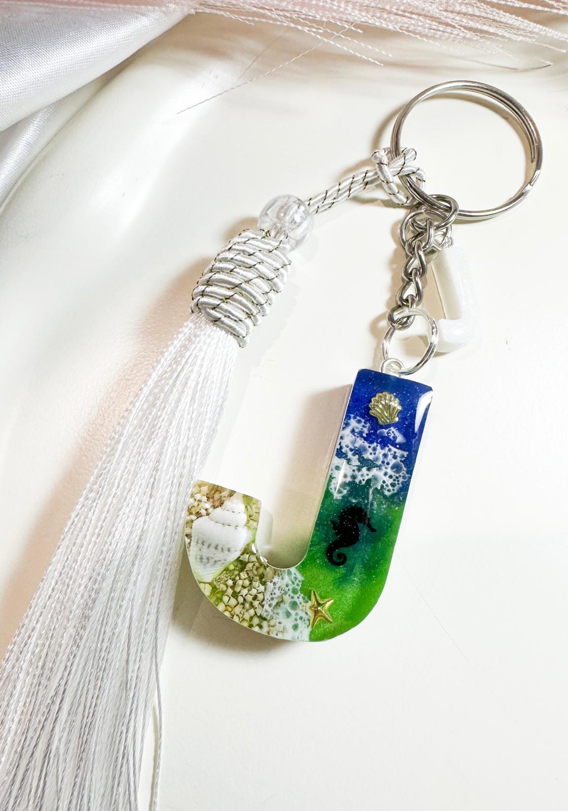 Personalised Ocean Initial Letter Keychain with Real Shell & Silk Tassel