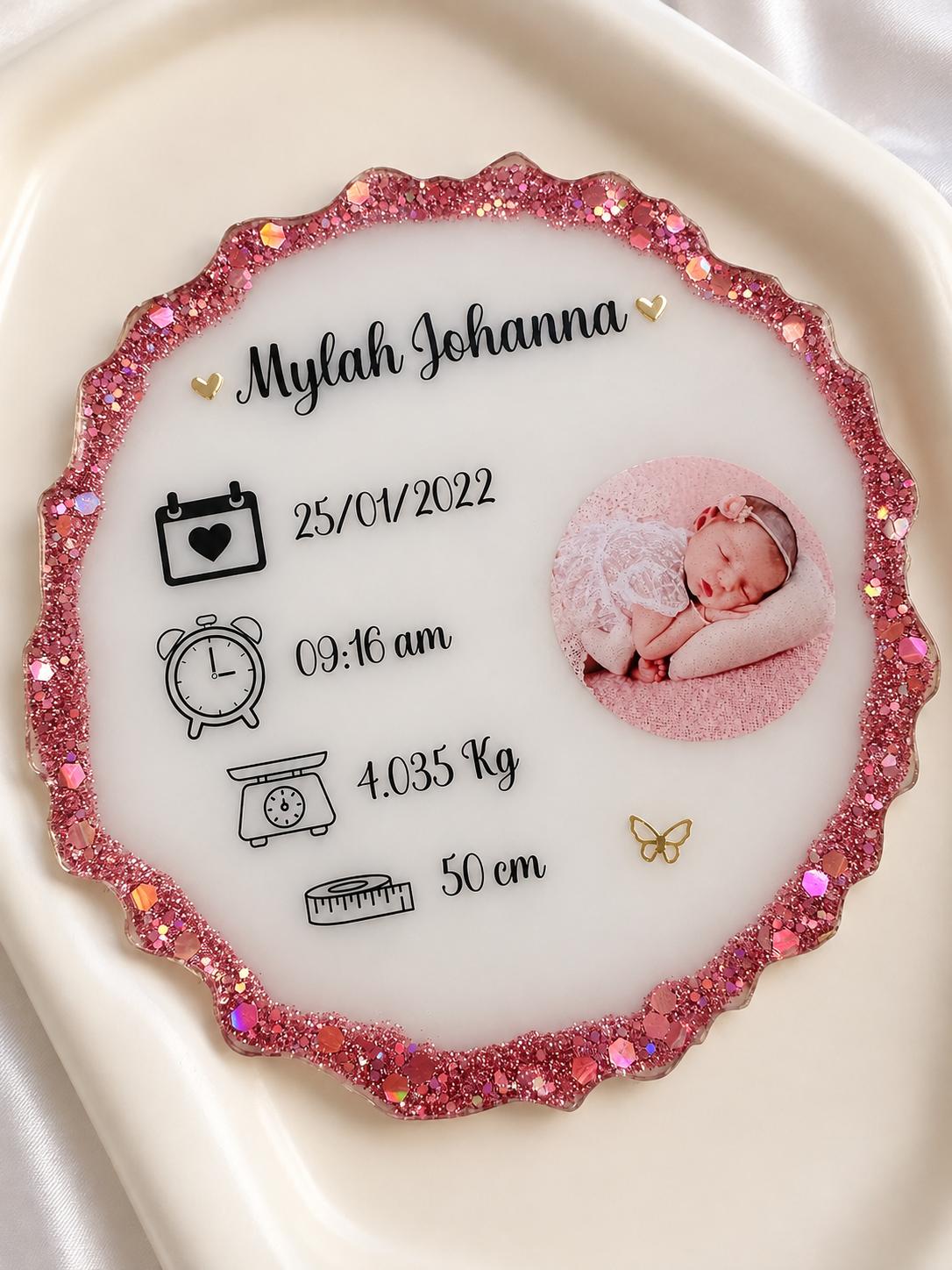 Personalised baby birth stats resin keepsake plaque with photo, name, date, time, weight and length