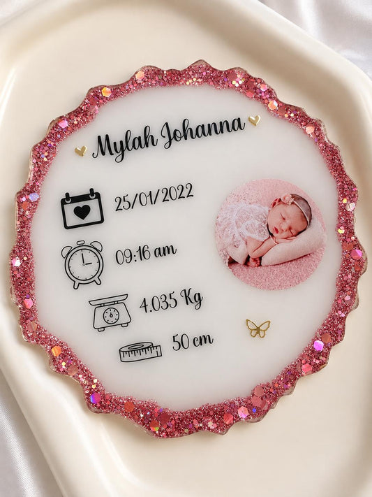 Personalised baby birth stats resin keepsake plaque with photo, name, date, time, weight and length