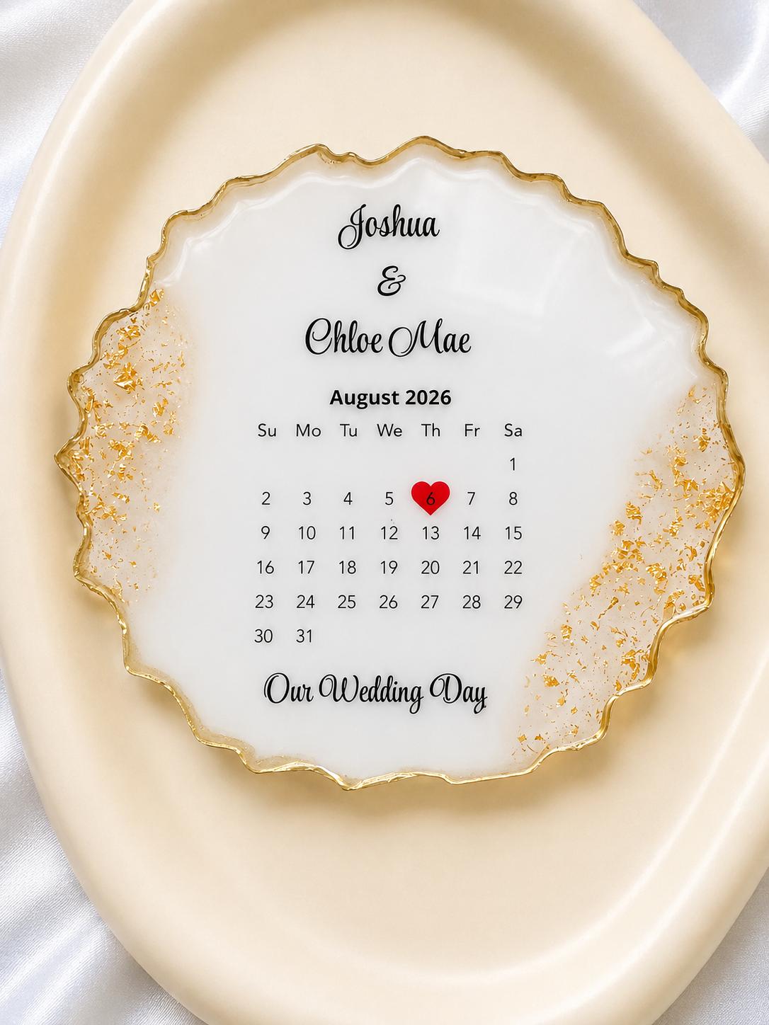 Personalised wedding date calendar resin keepsake with couple names, gold foil flakes and scalloped edge