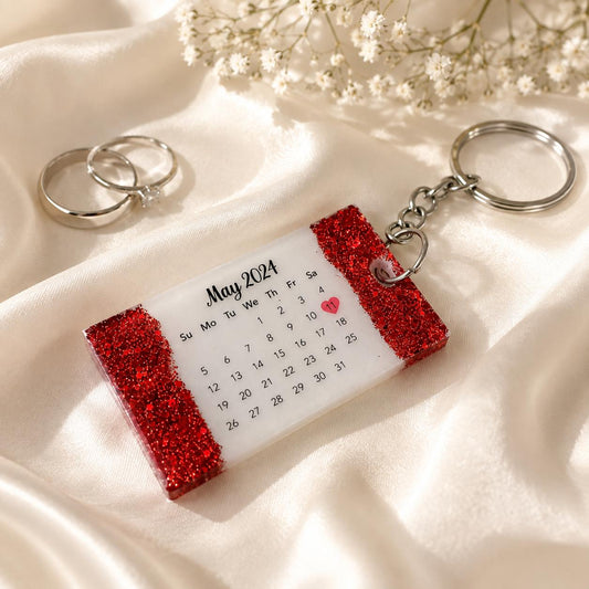 Personalised Resin Calendar Keychain | Custom Date & Name Keepsake | Glitter Couples Gift