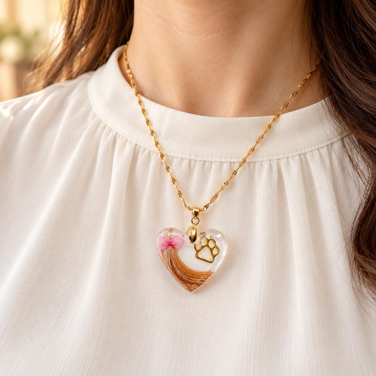 Pet Hair Memorial Necklace – Custom Resin Heart Pendant with Paw Print