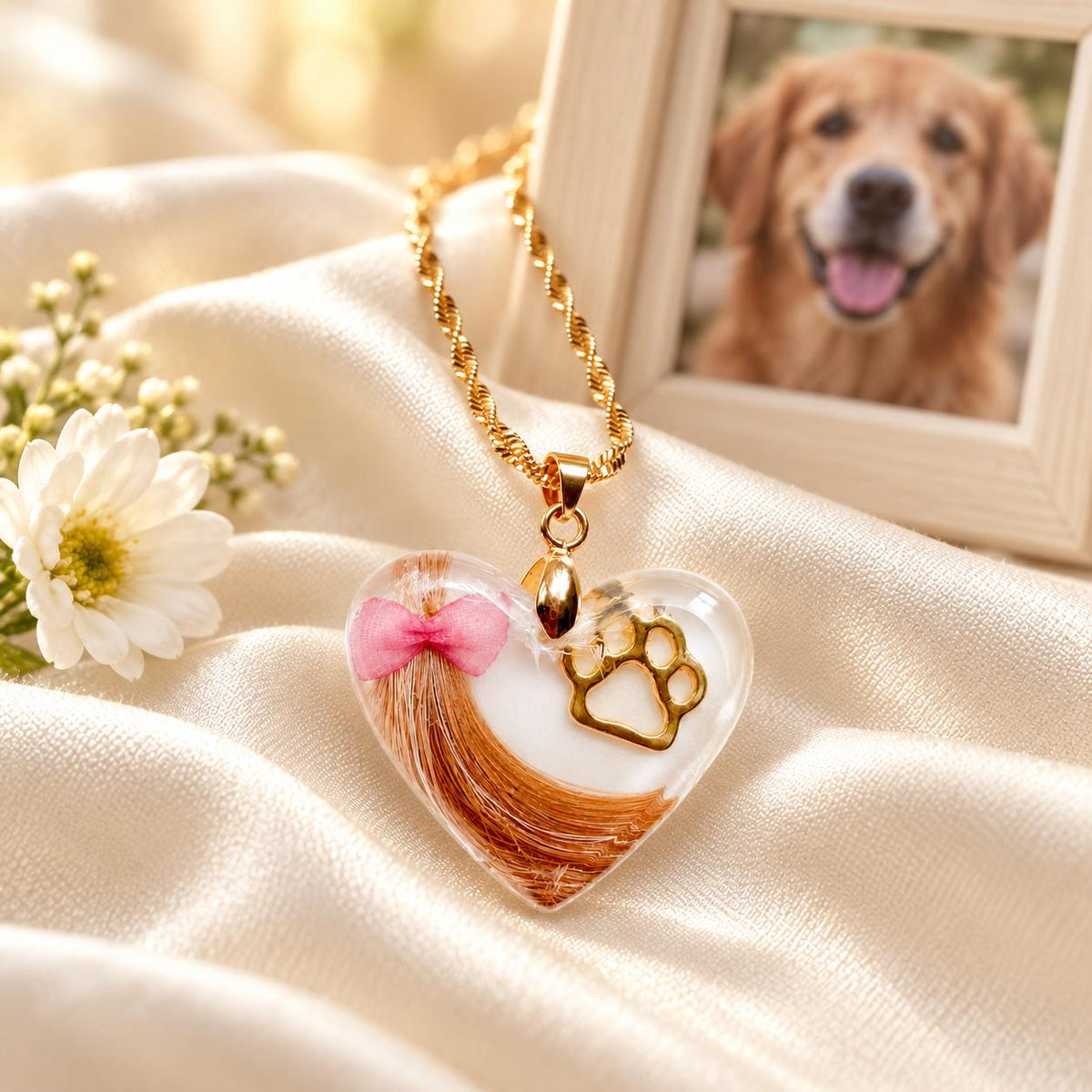 Pet Hair Memorial Necklace – Custom Resin Heart Pendant with Paw Print