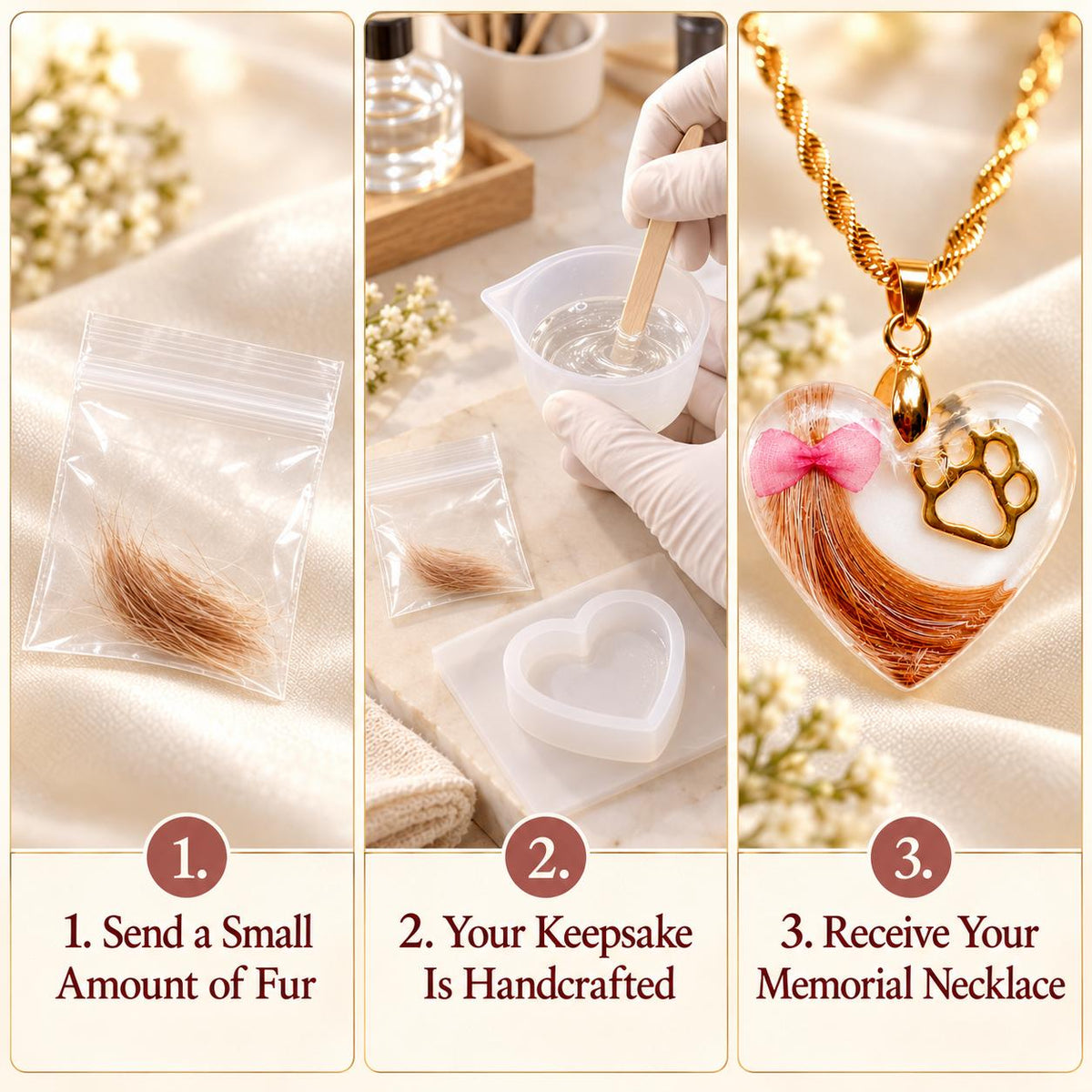 Pet Hair Memorial Necklace – Custom Resin Heart Pendant with Paw Print
