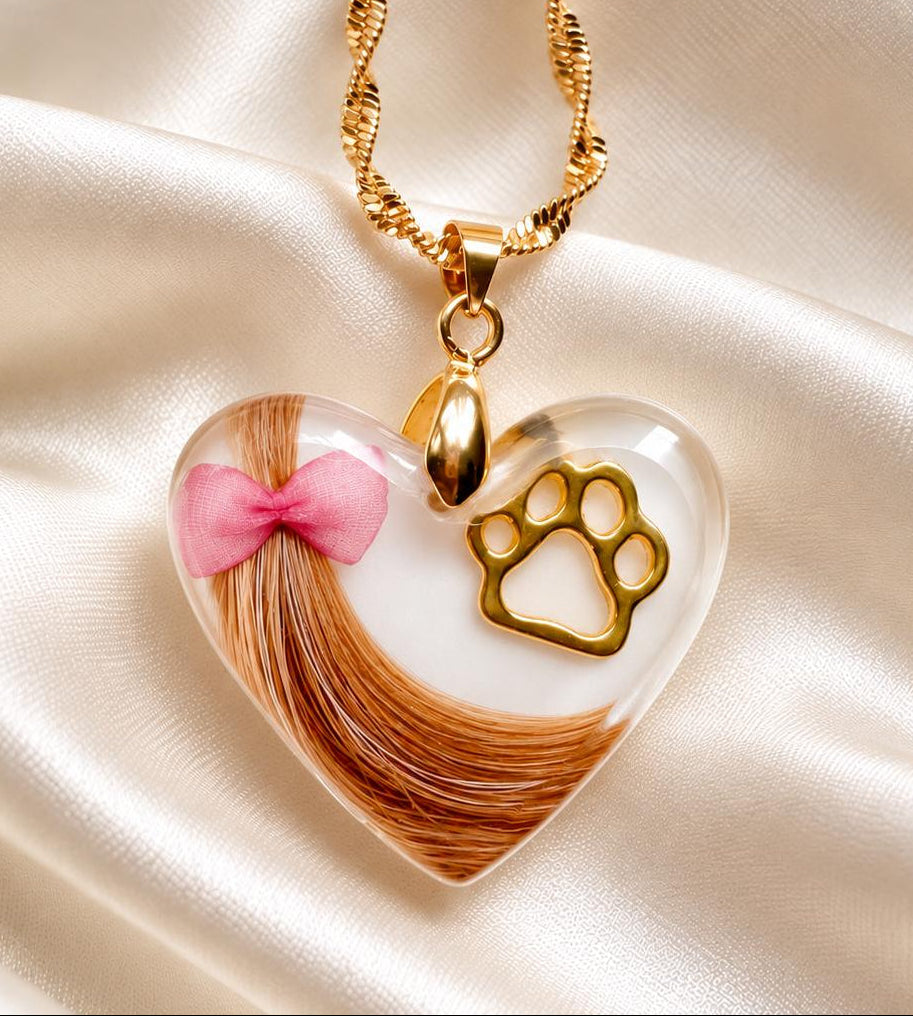 Pet Hair Memorial Necklace – Custom Resin Heart Pendant with Paw Print