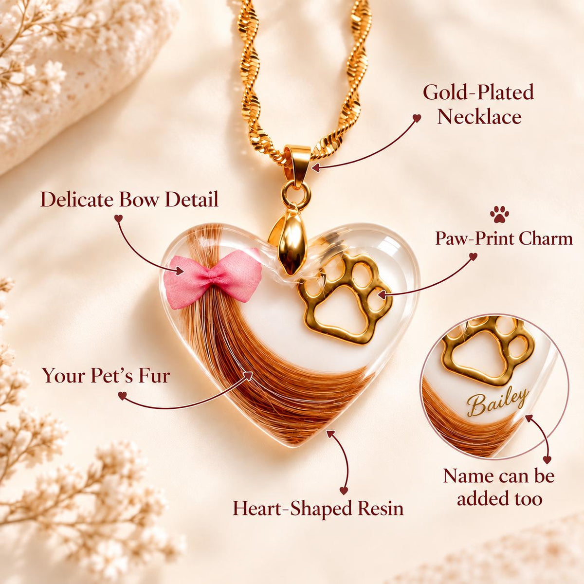 Pet Hair Memorial Necklace – Custom Resin Heart Pendant with Paw Print