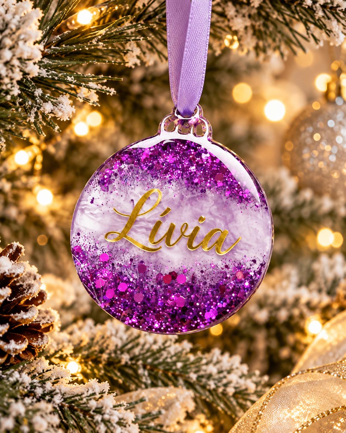 Personalised purple glitter resin Christmas bauble with gold name lettering