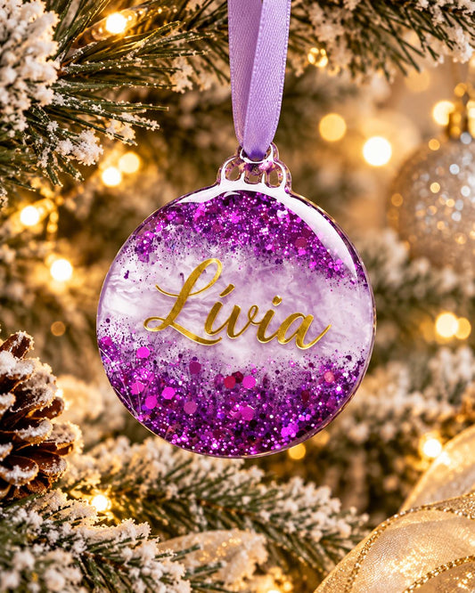 Personalised purple glitter resin Christmas bauble with gold name lettering