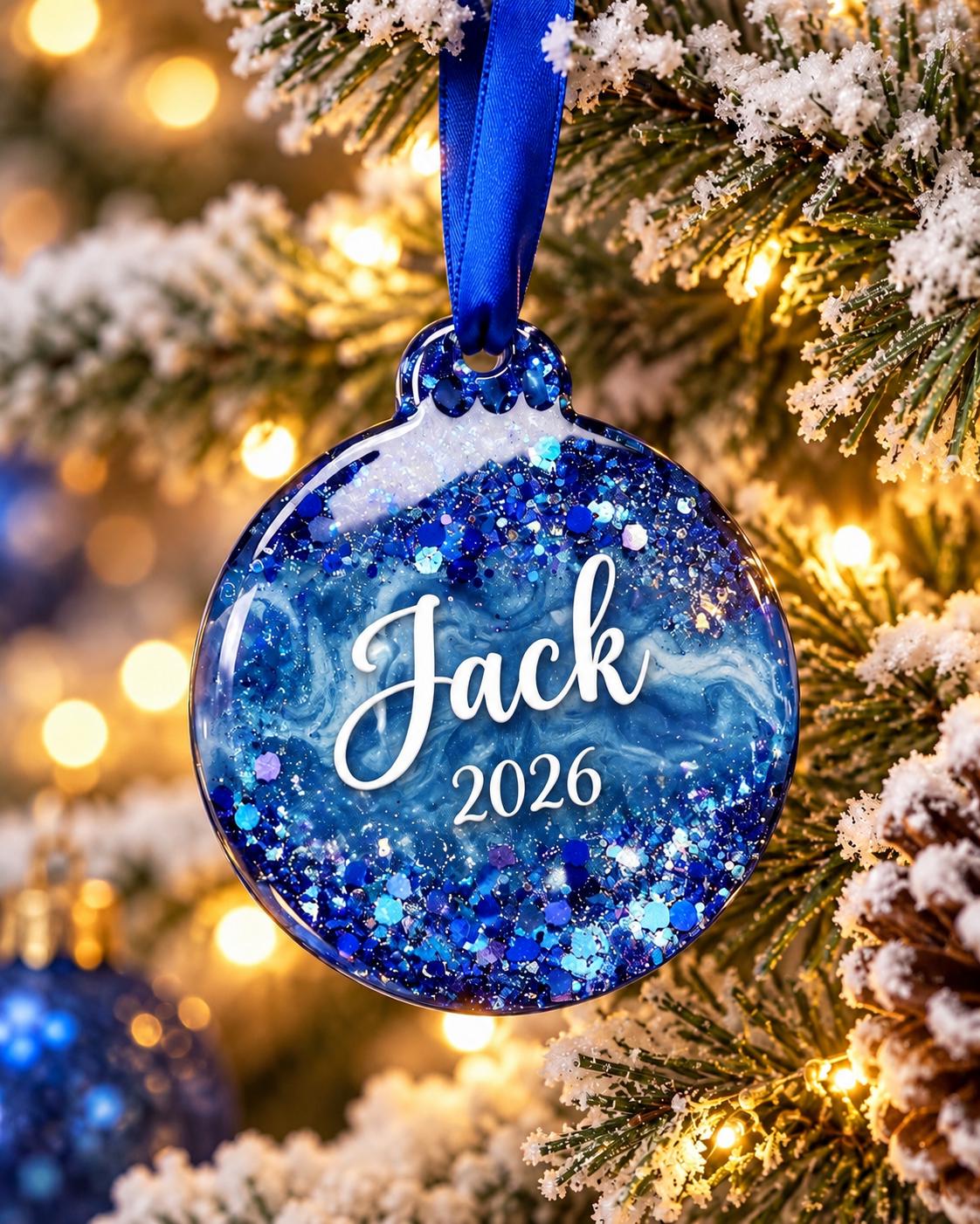 Personalised blue glitter resin Christmas bauble with white name lettering