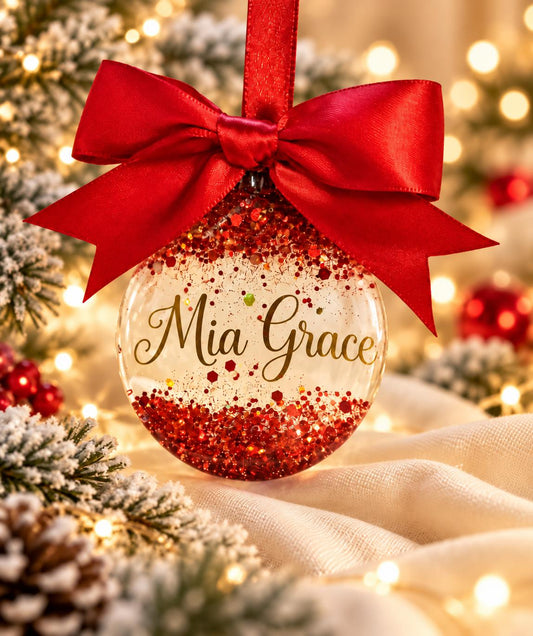 Personalised glitter resin Christmas bauble with gold name lettering