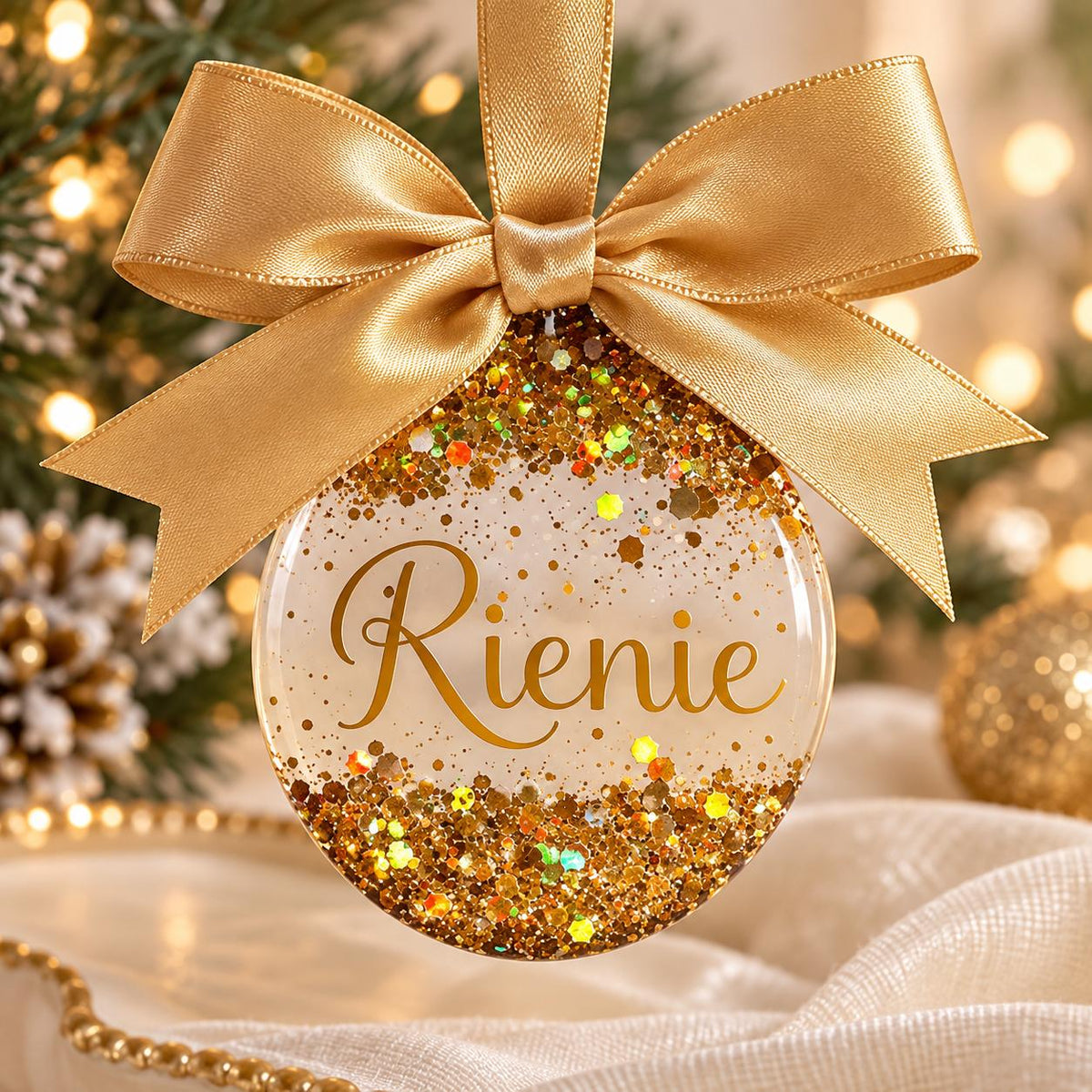 Personalised glitter resin Christmas bauble with gold name lettering