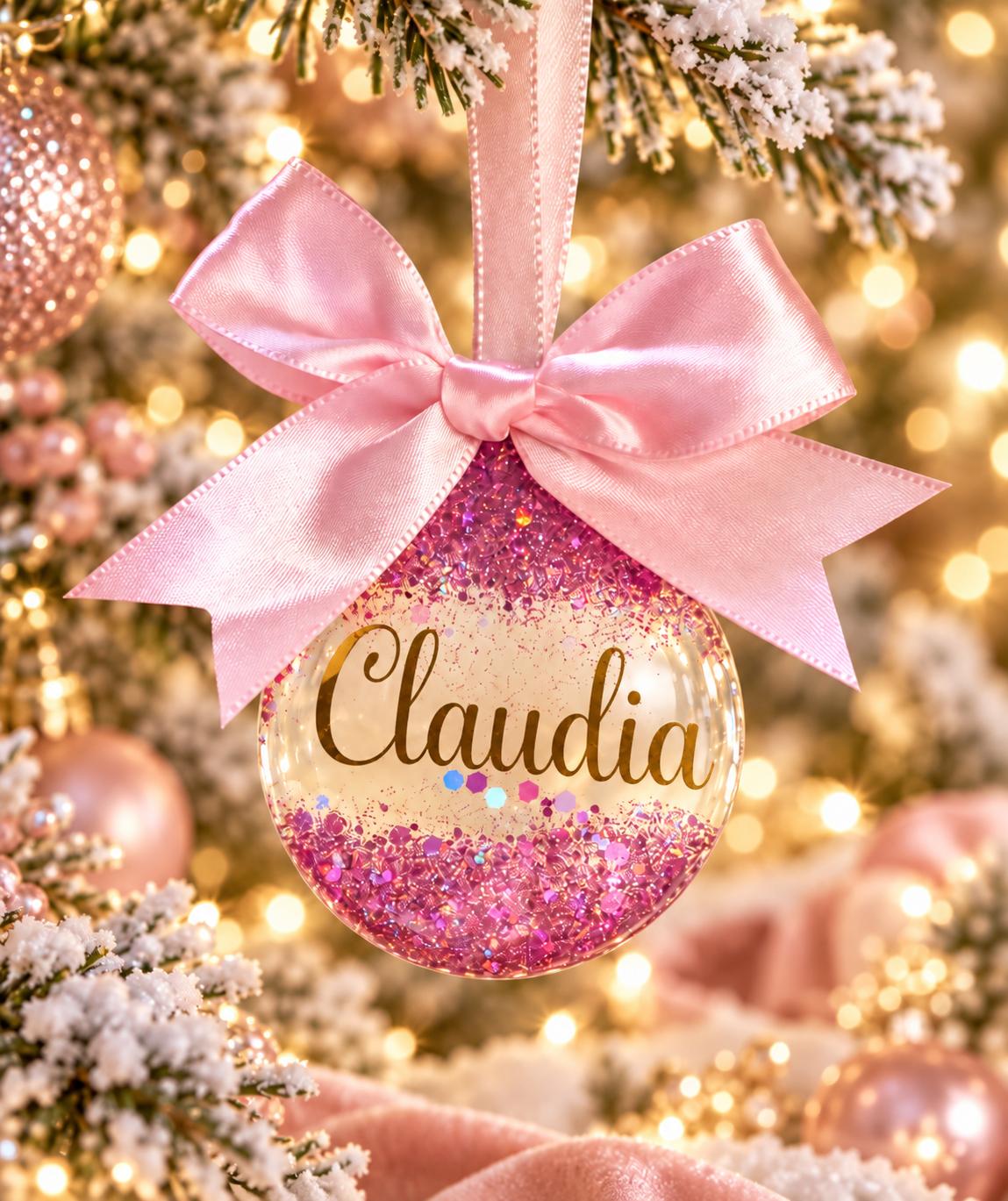 Personalised glitter resin Christmas bauble with gold name lettering