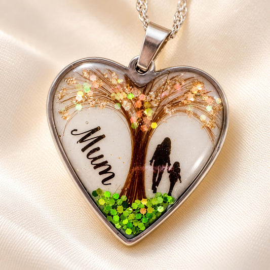 Personalised heart hair keepsake necklace with Tree of Life design, Mum lettering, mother and child silhouette and green glitter