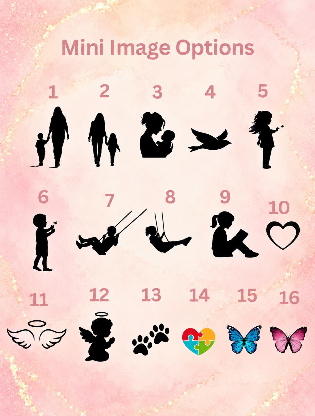 Sixteen numbered mini image options for personalised keepsake necklaces