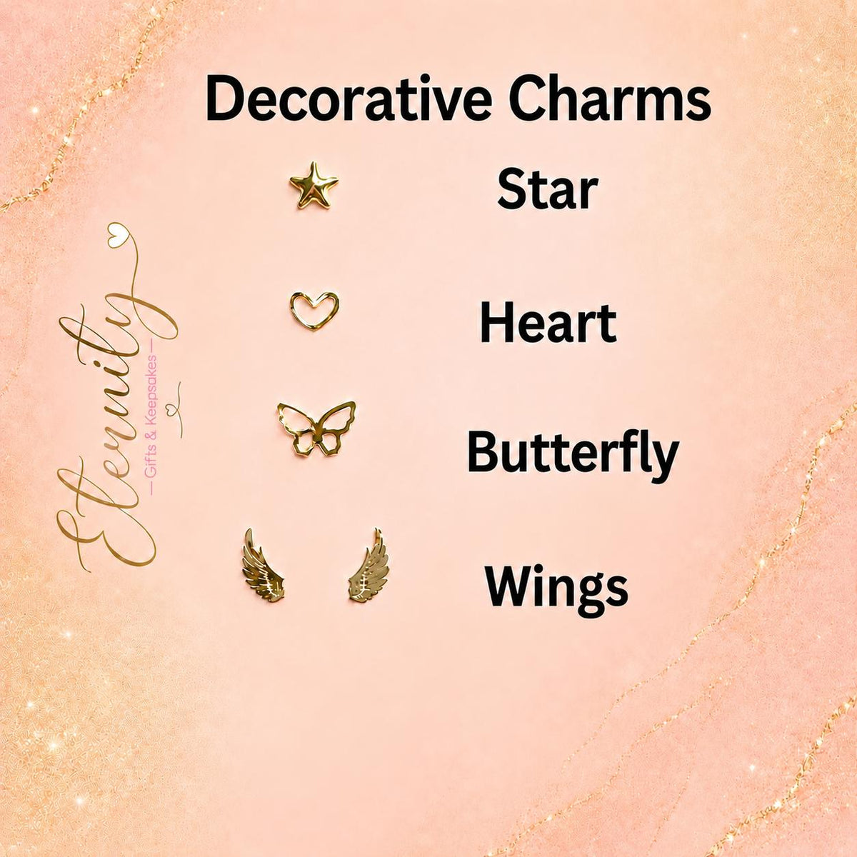Decorative charm options for keepsake necklaces: star, heart, butterfly and wings