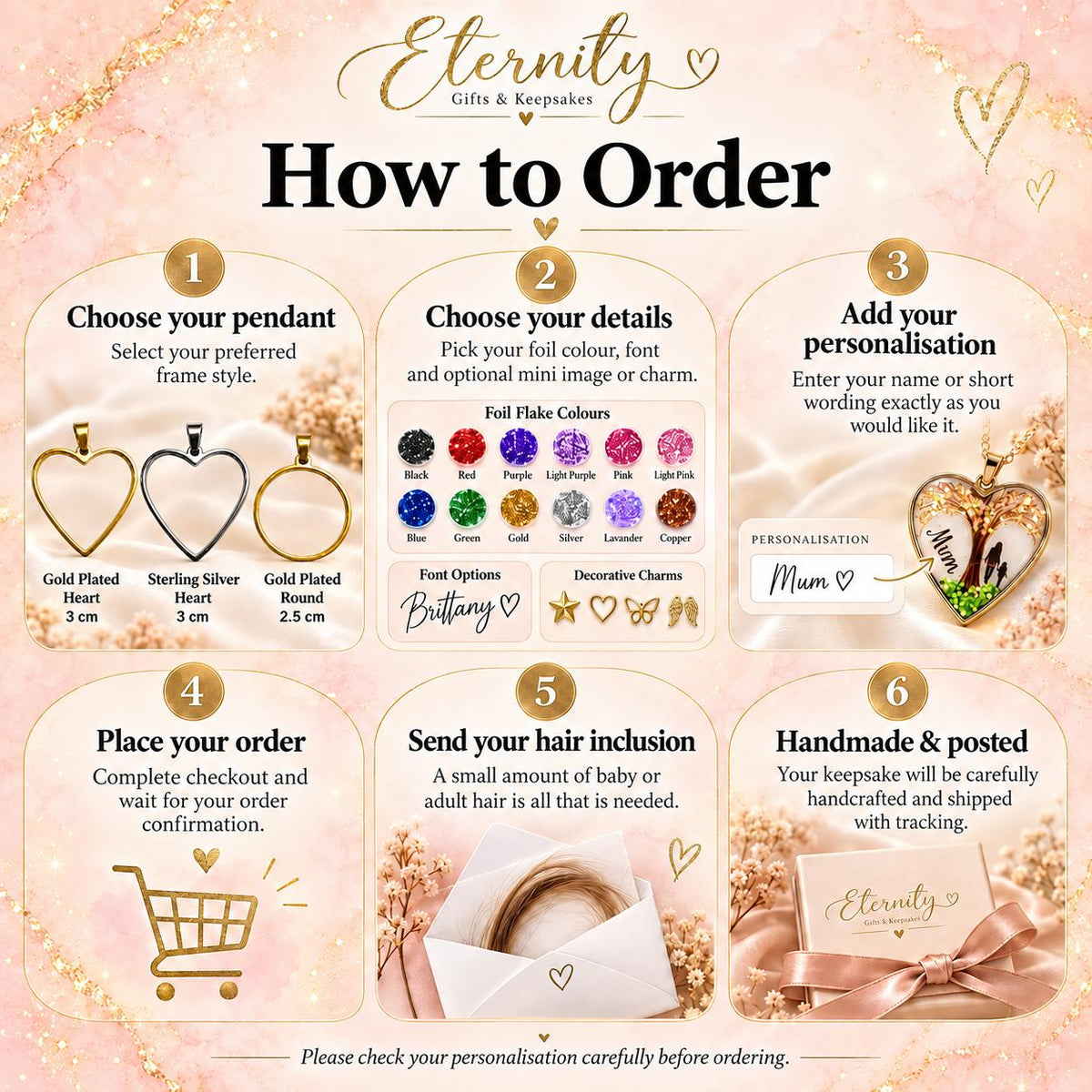 How to order a personalised hair keepsake necklace, with pendant styles, foil colours and hair inclusion instructions