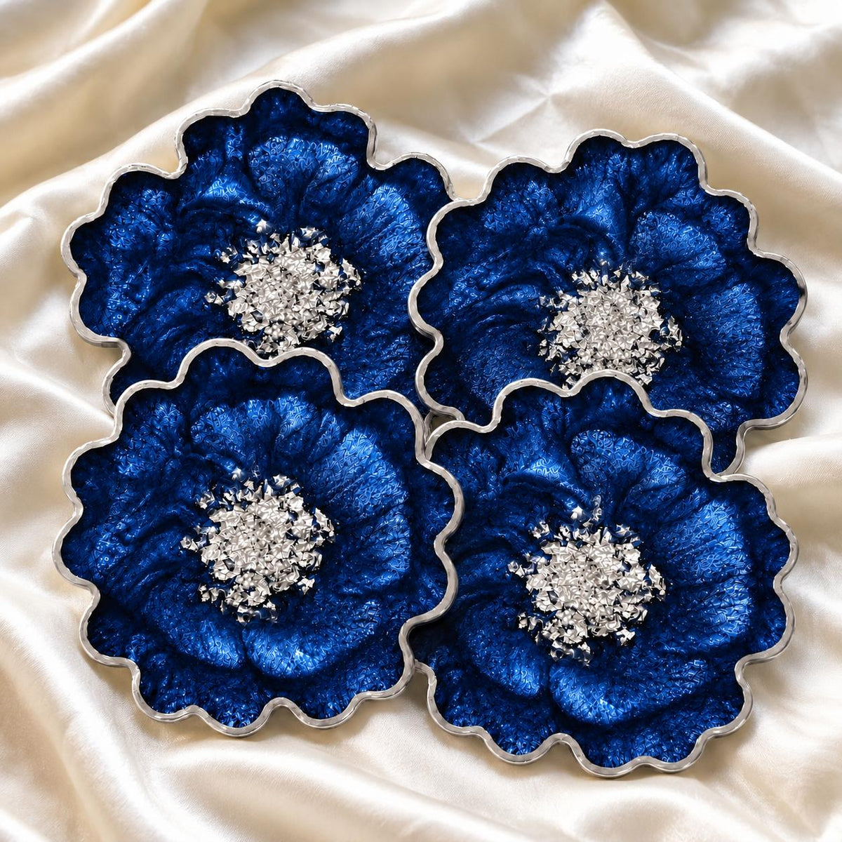 Flower Resin Coasters with Silver Flakes & Silver Rim | Handmade Sets