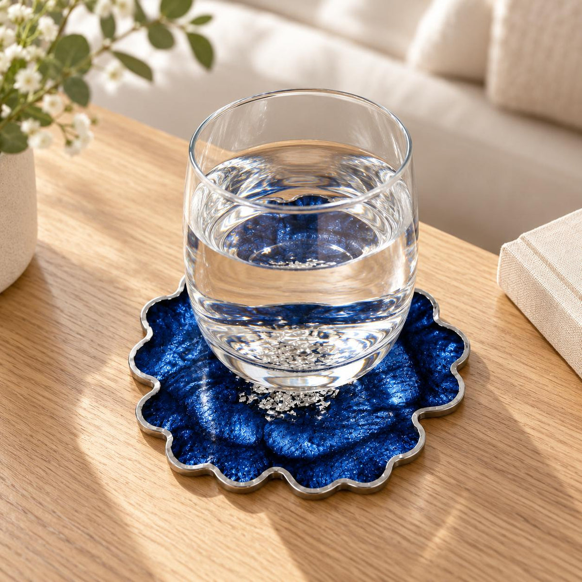 Flower Resin Coasters with Silver Flakes & Silver Rim | Handmade Sets