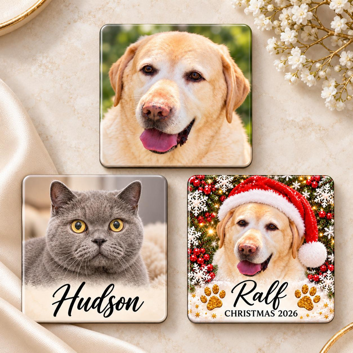 Pet photo magnets showing a dog photo, Hudson the cat and a Christmas design for Ralf