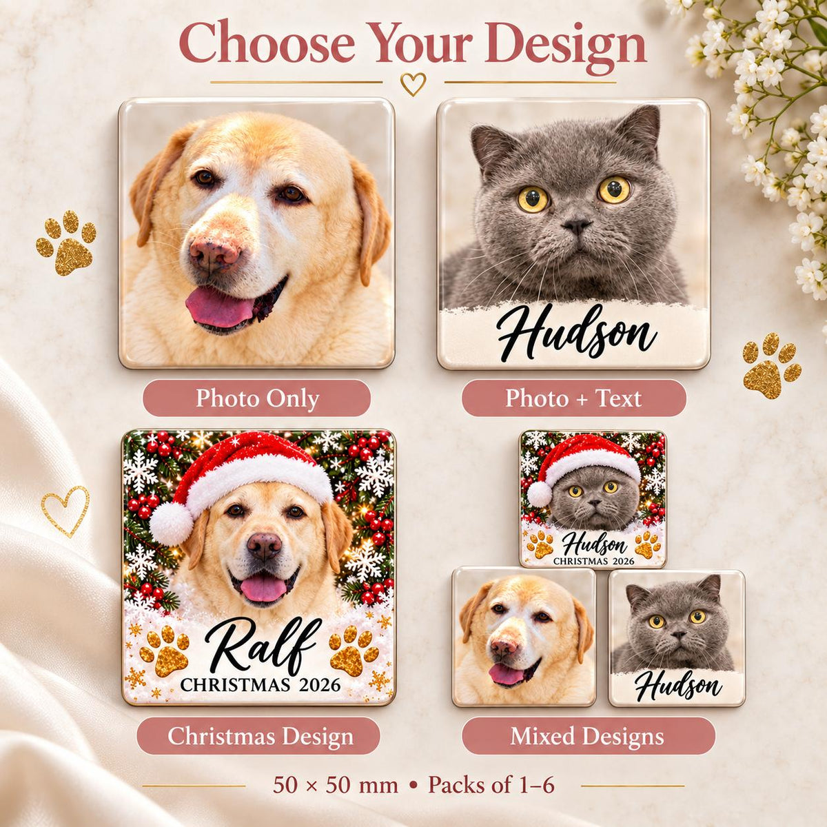 Pet magnet design choices showing Photo Only, Photo + Text, Christmas Design and Mixed Designs
