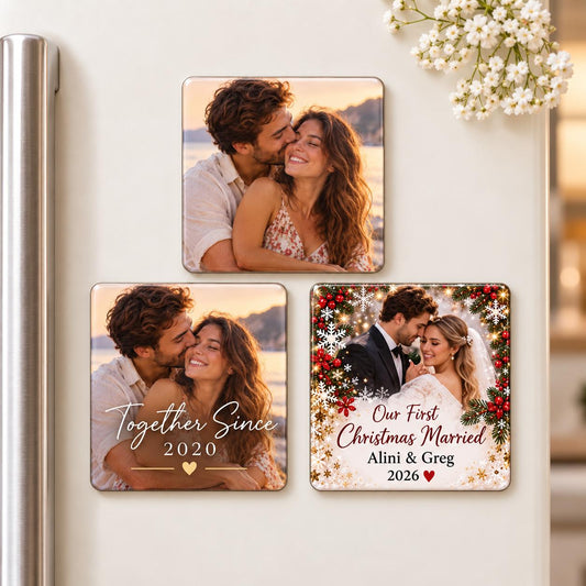 Three personalised couple photo magnets on a fridge, showing photo only, Together Since 2020 and newlywed Christmas designs.