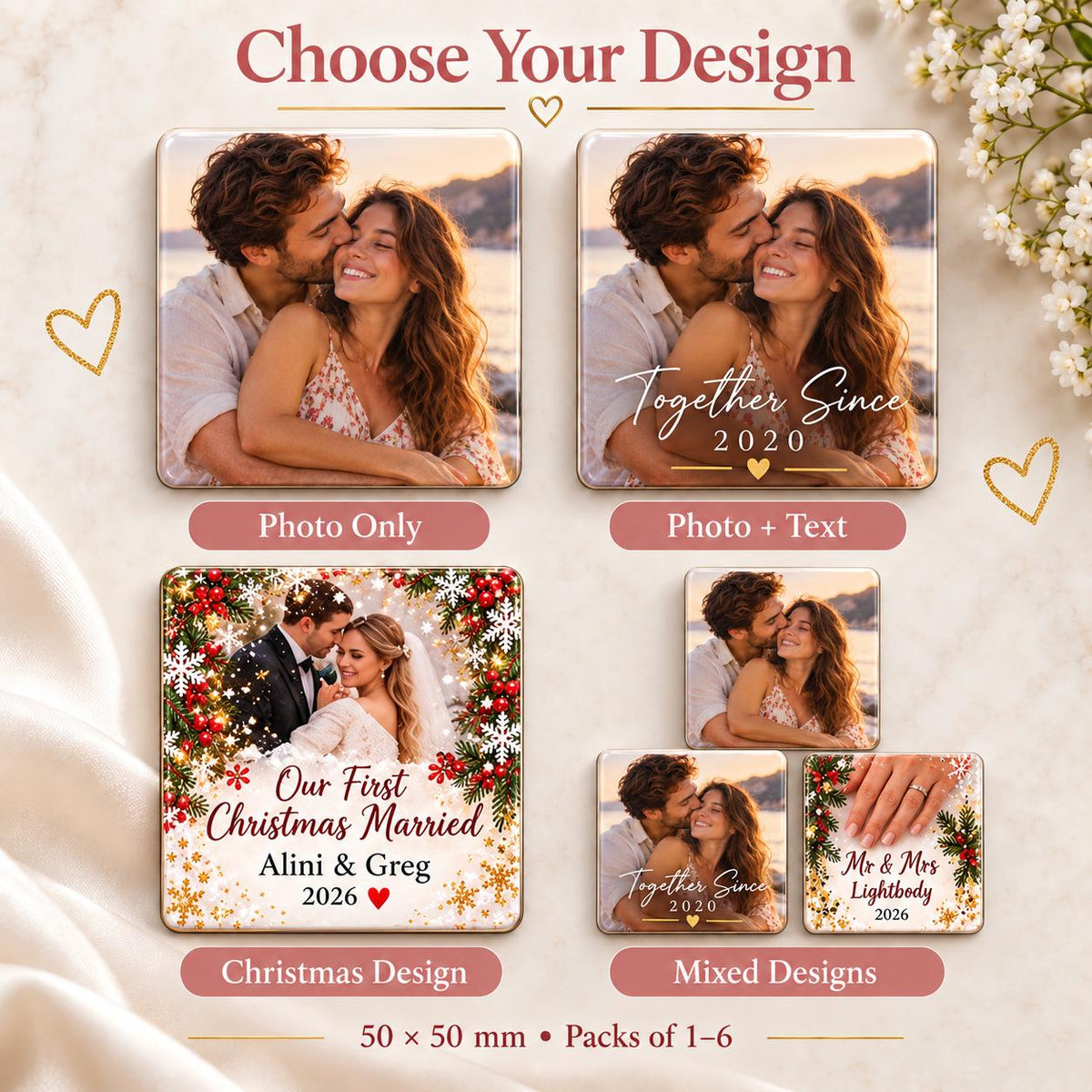 Couple photo magnet design options showing Photo Only, Photo + Text, Christmas Design and Mixed Designs.