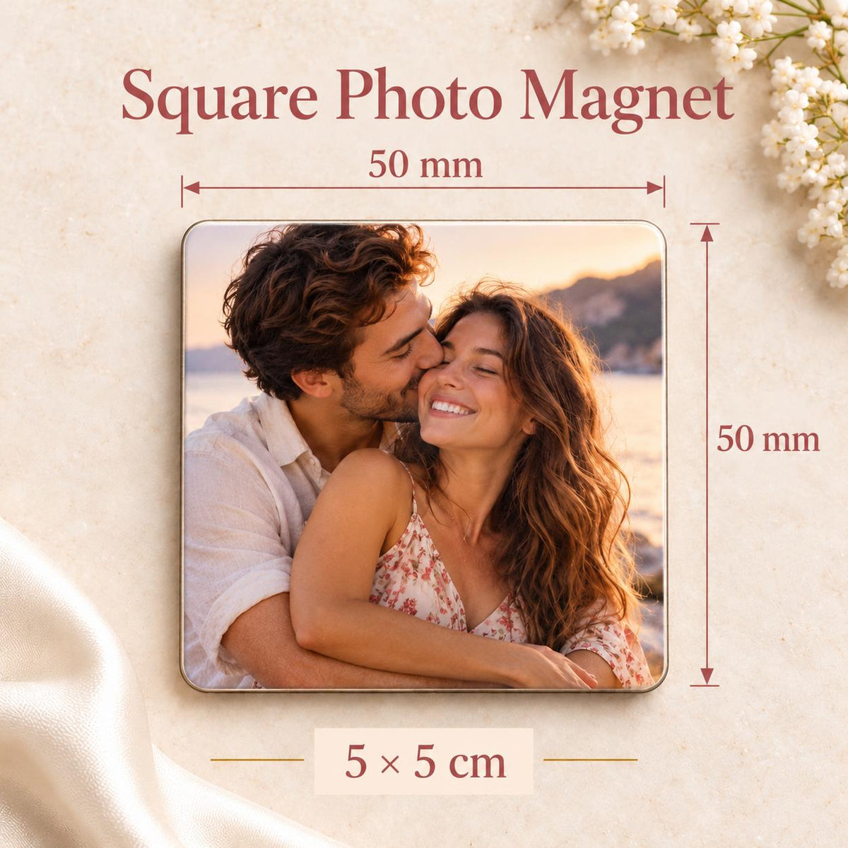 Square couple photo magnet size guide showing 50 × 50 mm, or 5 × 5 cm.