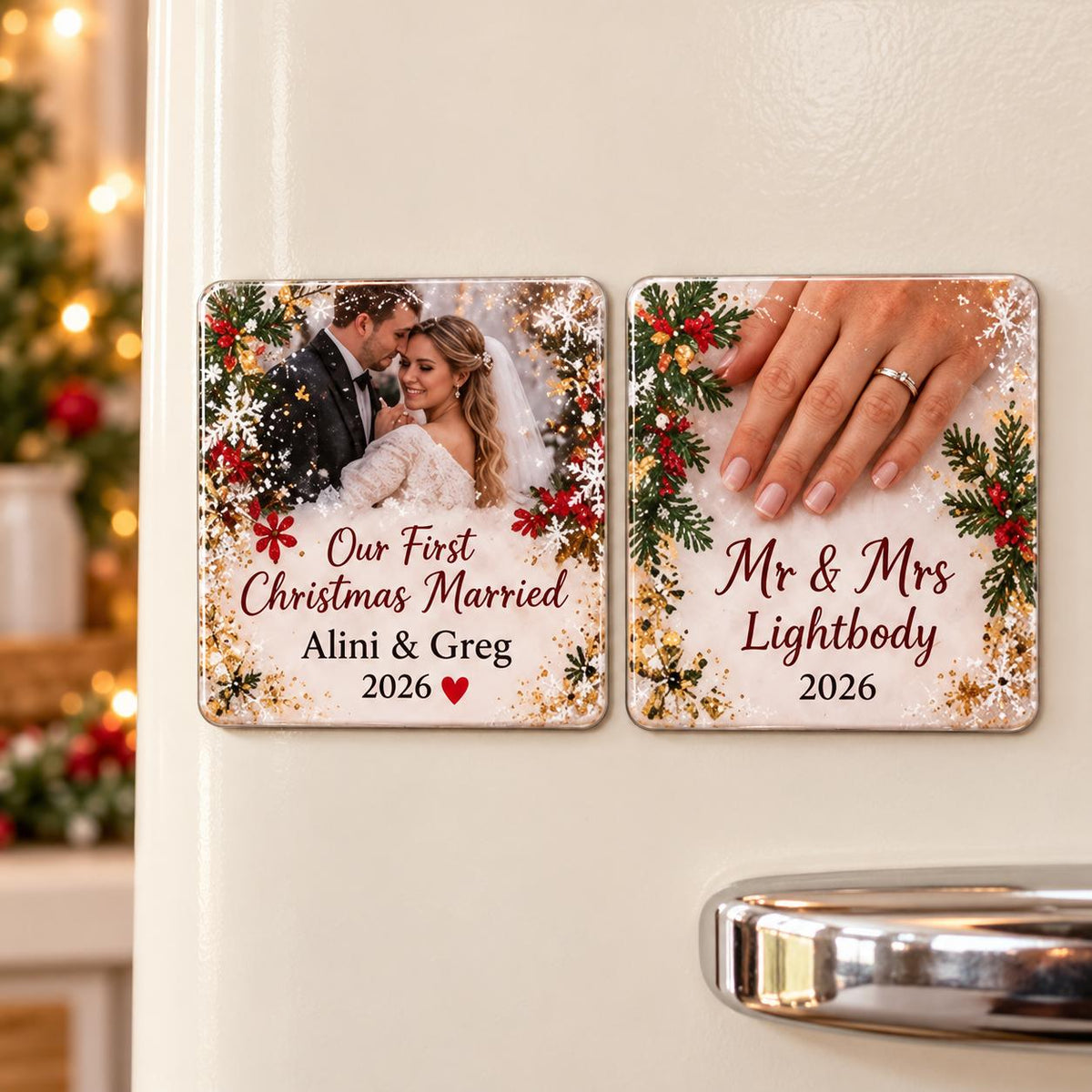 Two personalised Christmas wedding photo magnets with Our First Christmas Married and Mr & Mrs Lightbody wording.