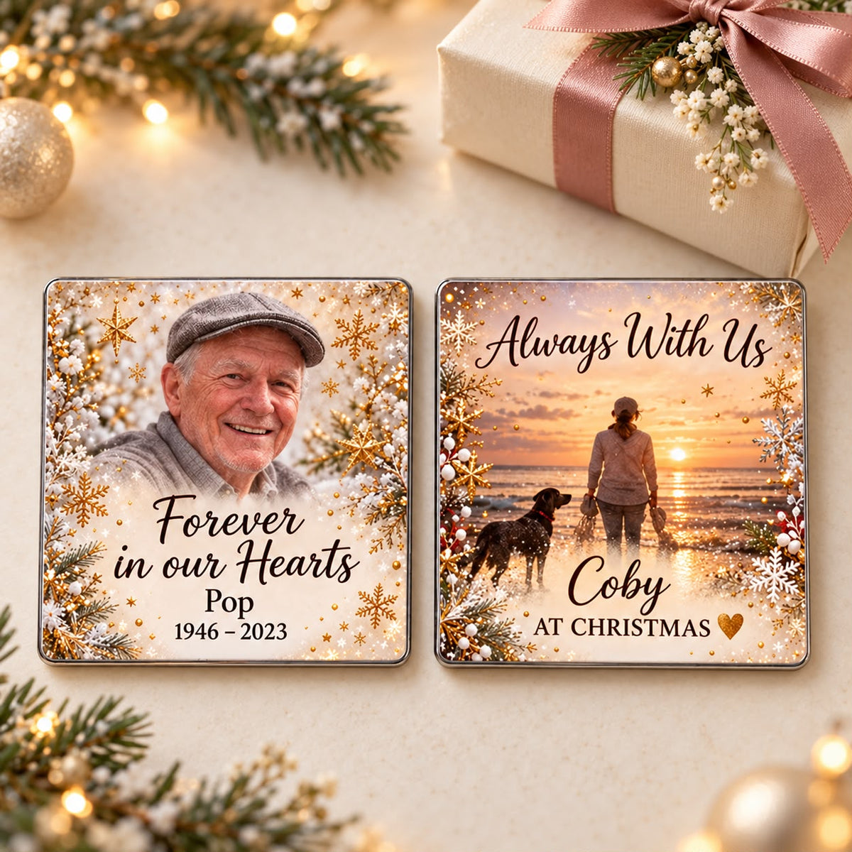 Personalised memorial photo magnet ordering guide showing pack sizes, design choices, photo uploads and optional wording