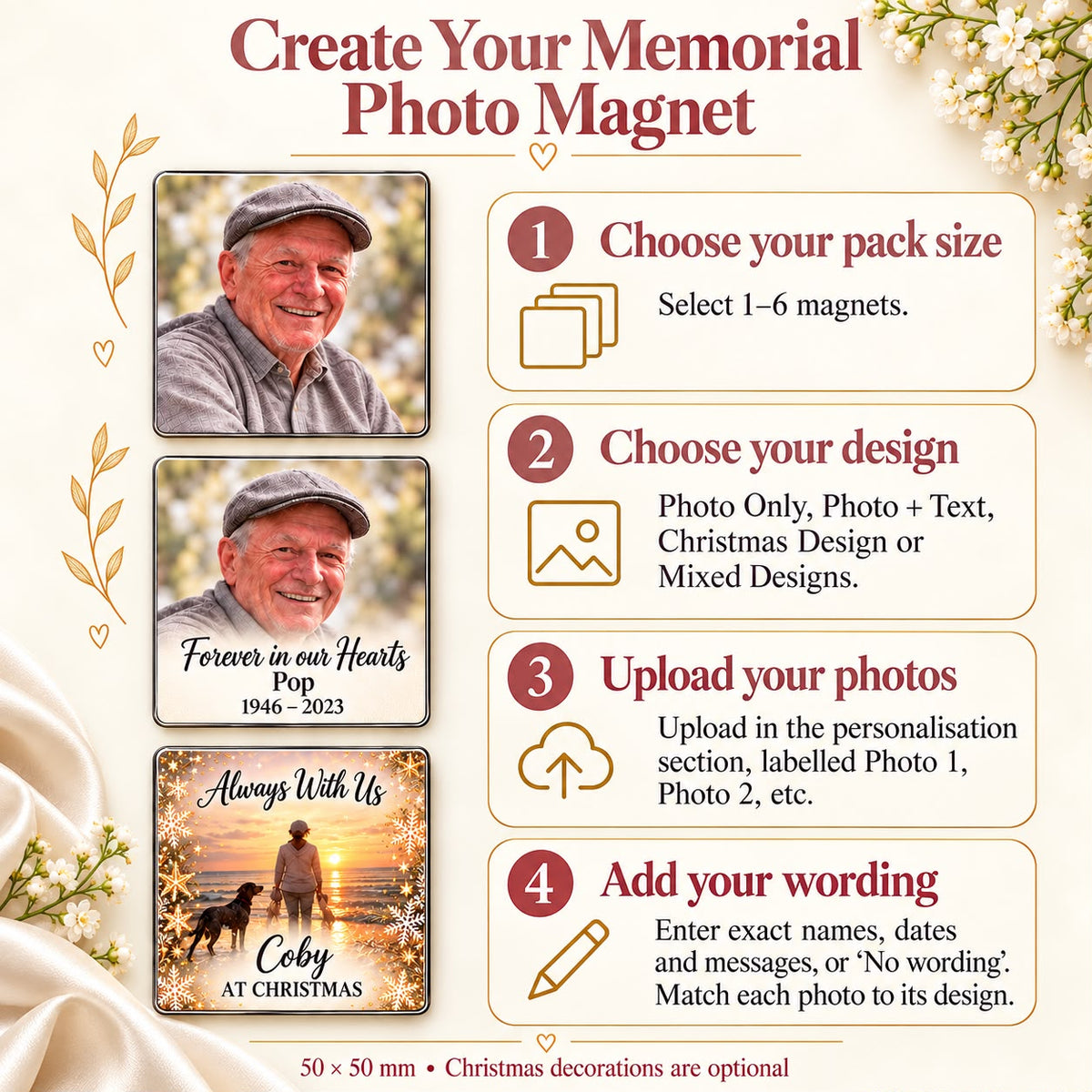 Memorial photo magnet options showing Photo Only, Photo + Text, Christmas Design and Mixed Designs