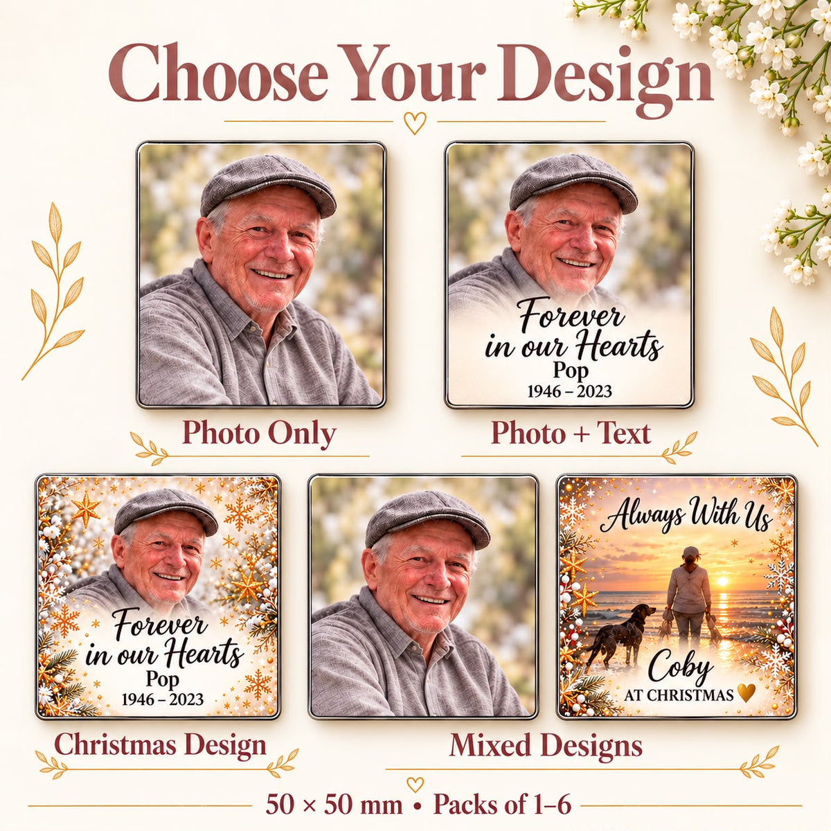 Two Christmas memorial photo magnets with personalised photographs, remembrance wording and festive borders