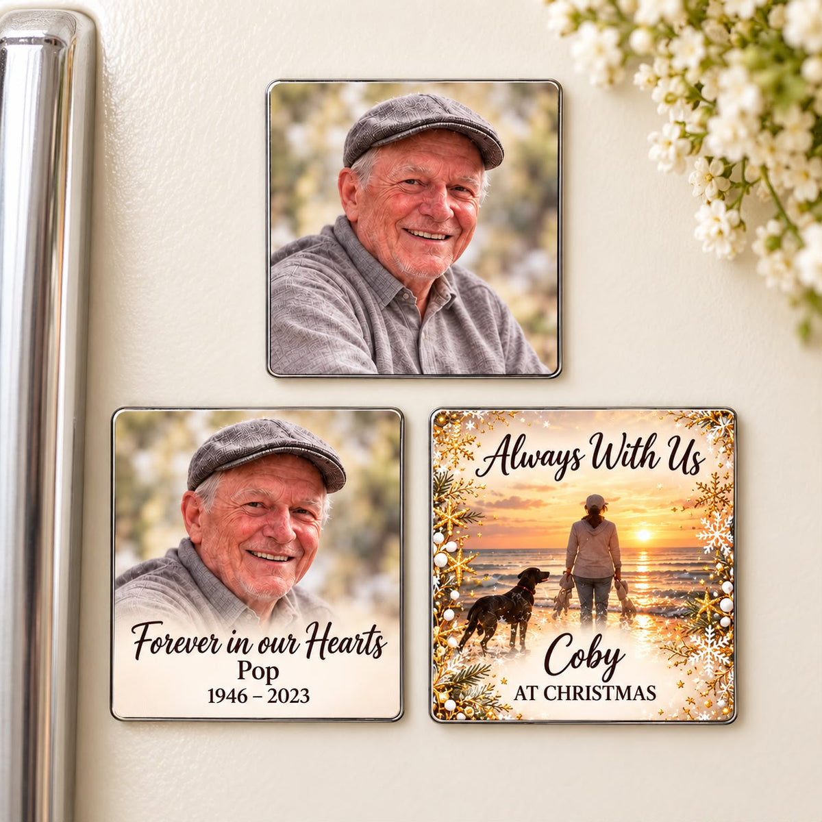 Three personalised memorial photo magnets on a fridge showing photo-only, name and dates, and Christmas designs