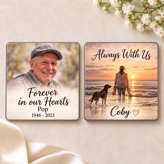 Two personalised memorial photo magnets with photographs, remembrance messages, a name and dates