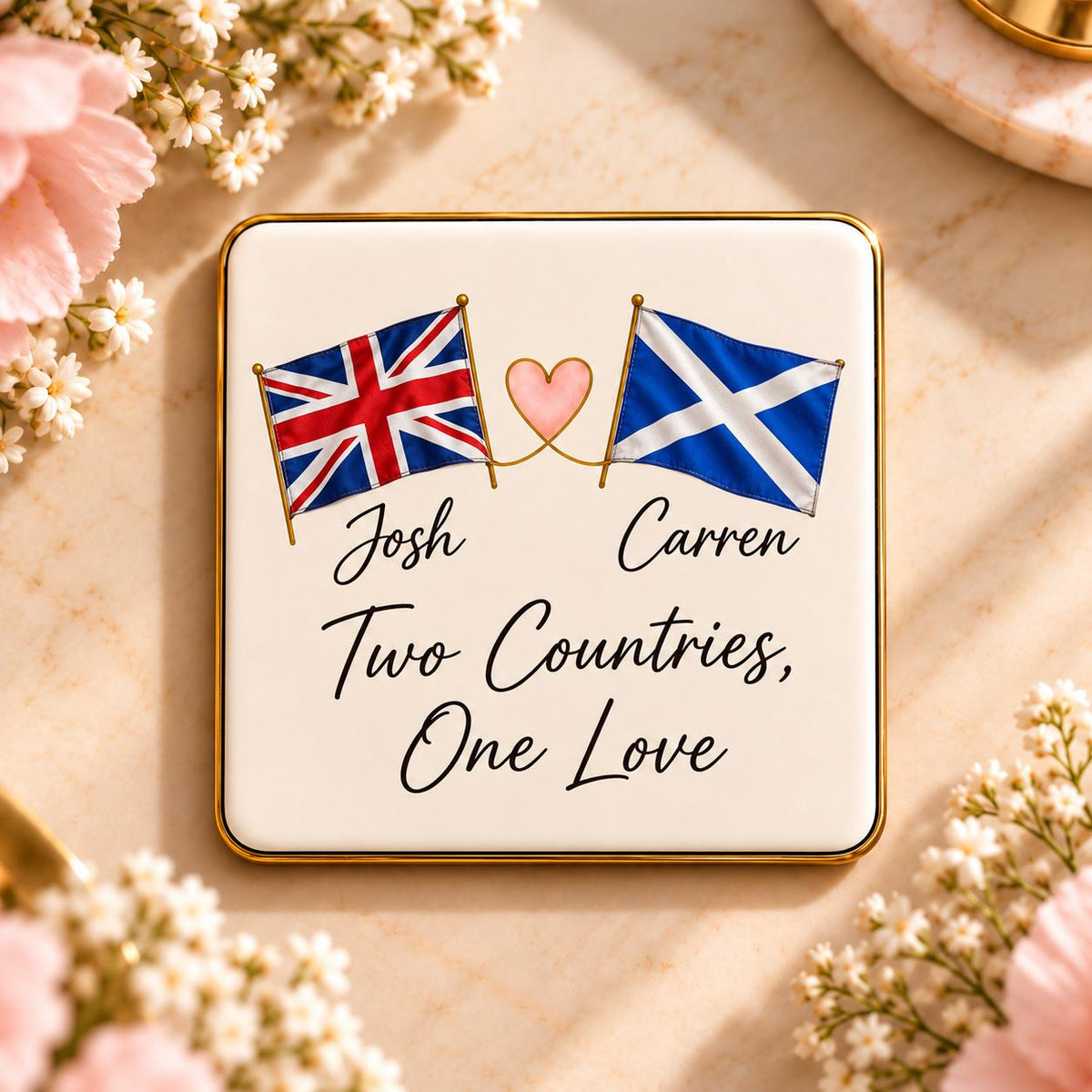 Two Countries, One Love magnet with UK and Scotland flags and personalised names