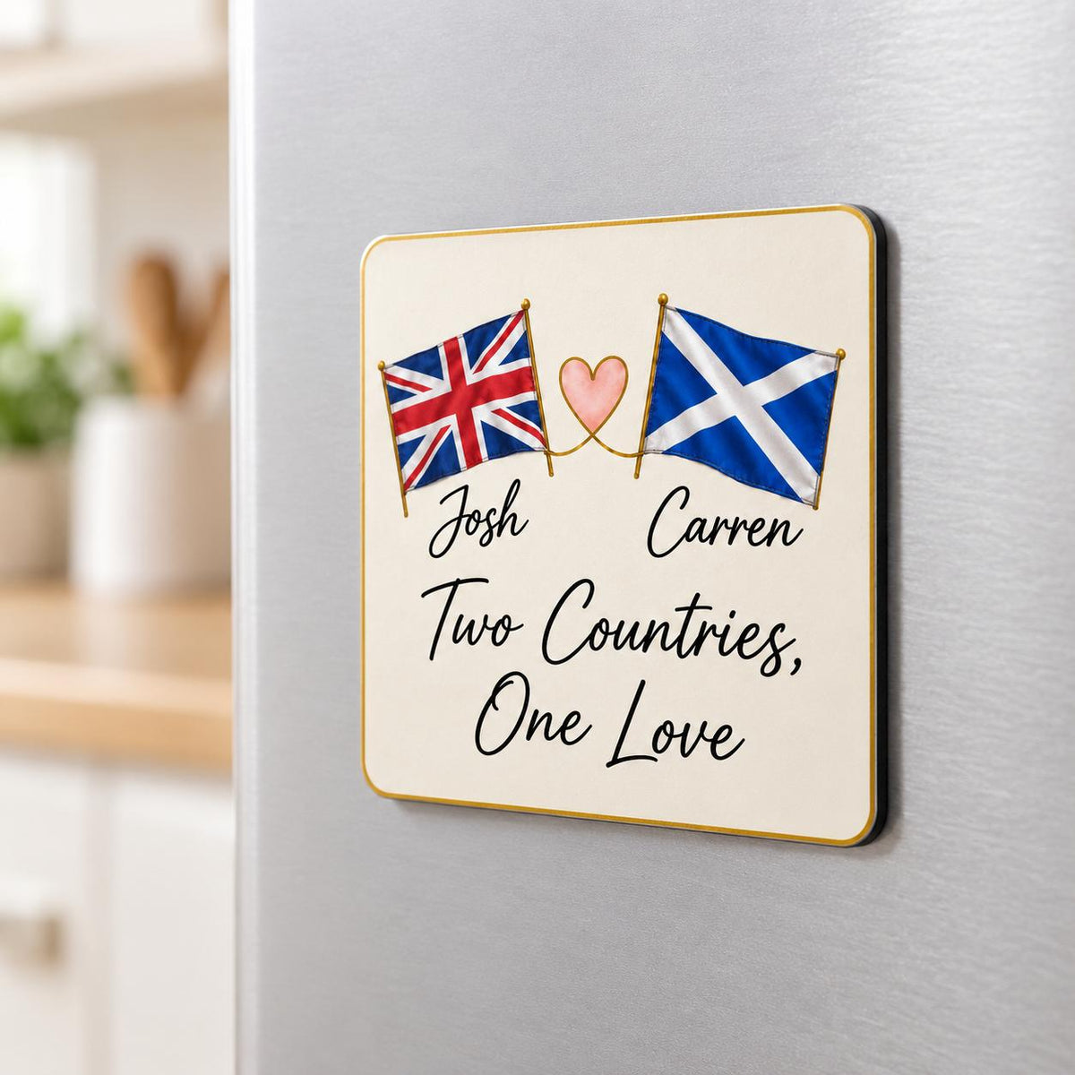 Personalised two country flag fridge magnet with UK and Scotland flags and names Josh and Carren