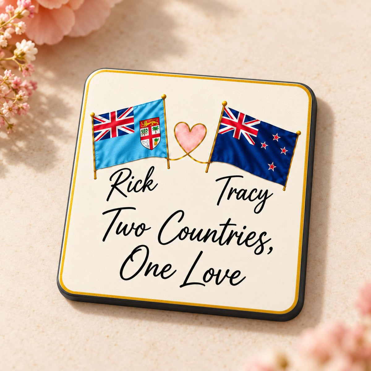 Personalised couples fridge magnet with Fiji and New Zealand flags and names Rick and Tracy