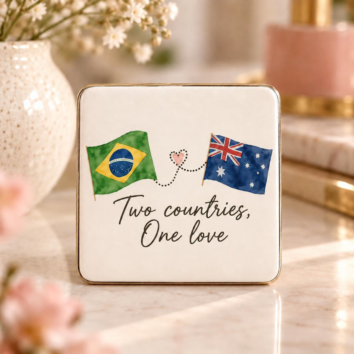 Two Countries, One Love magnet design with Brazil and Australia flags