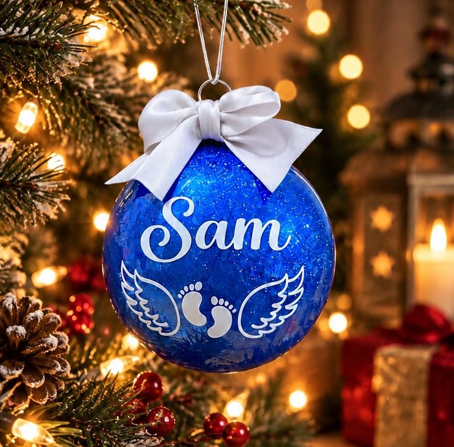 Personalised Baby Memorial Christmas Bauble with Angel Wings & Footprints – Handmade in Australia
