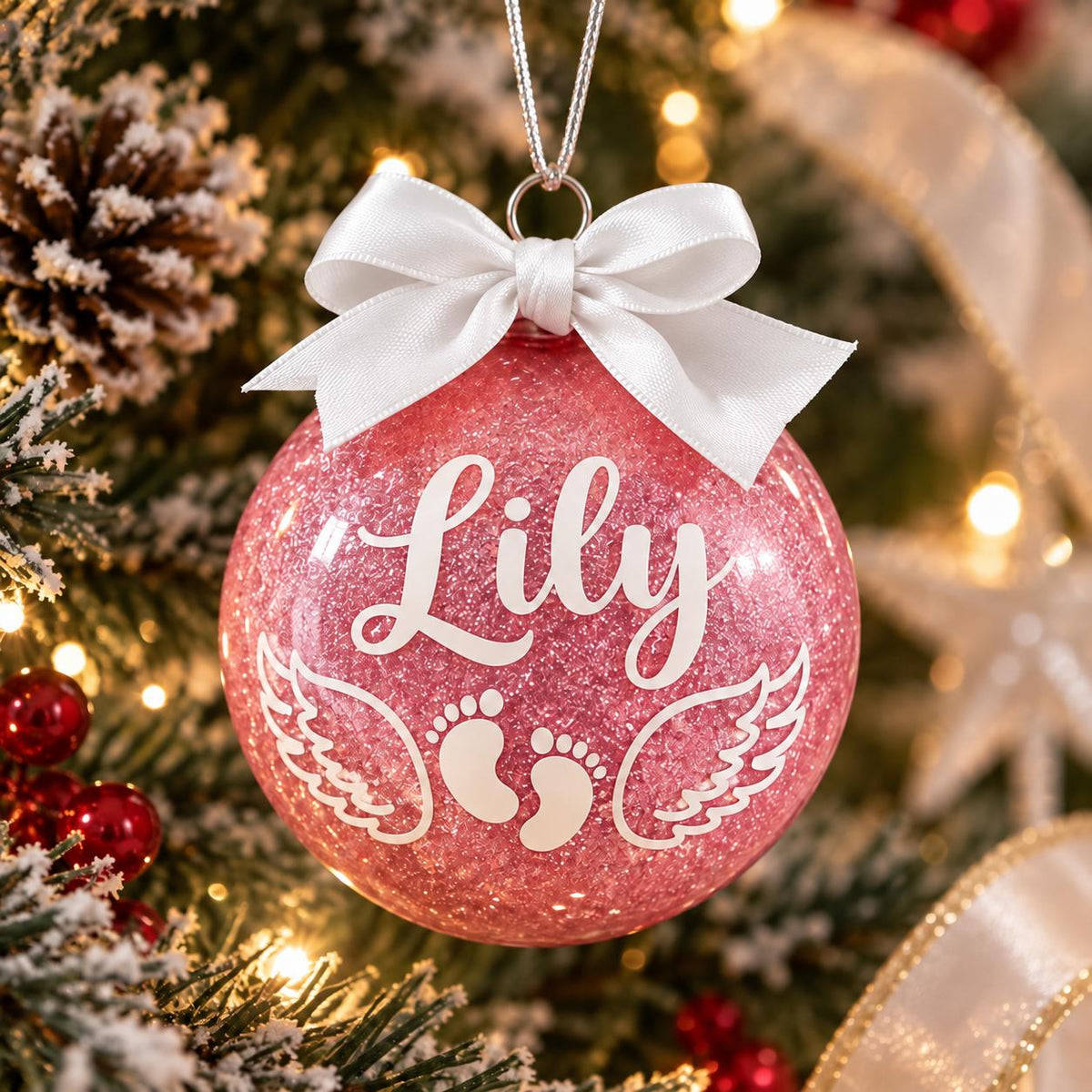 Personalised Baby Memorial Christmas Bauble with Angel Wings & Footprints – Handmade in Australia